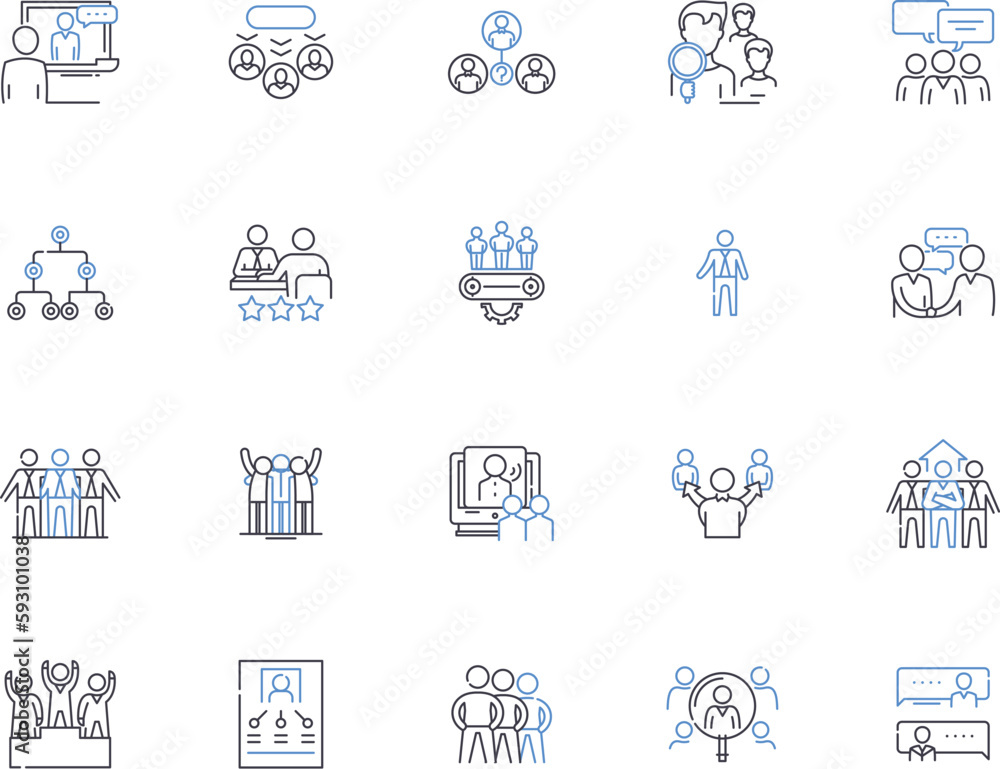Corporative people outline icons collection. Corp, People, Employees, Colleagues, Executives, Managers, Professionals vector and illustration concept set. Workers, Teams, Departmental linear signs