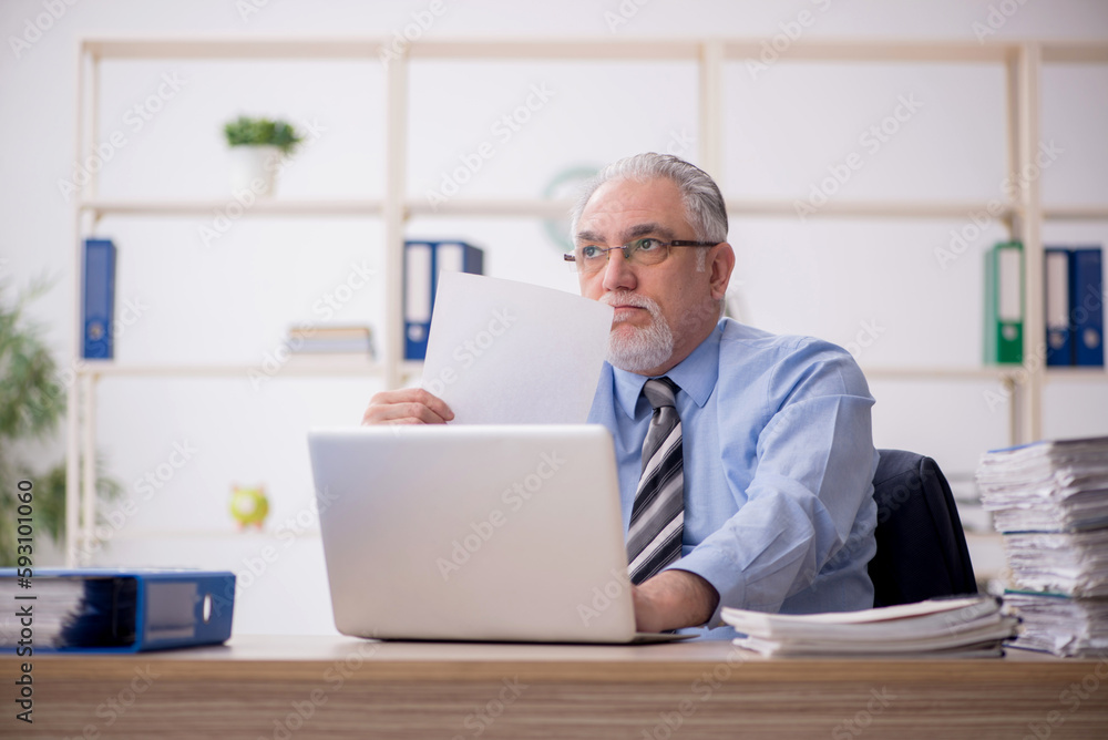 Old male employee working in the office Old male employee working in the office