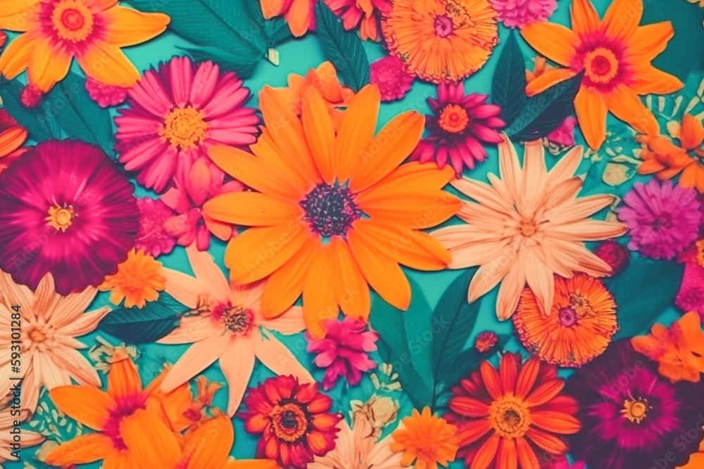custom made wallpaper toronto digitalA zany retro flower flat lay, vibrant floral background illustration.