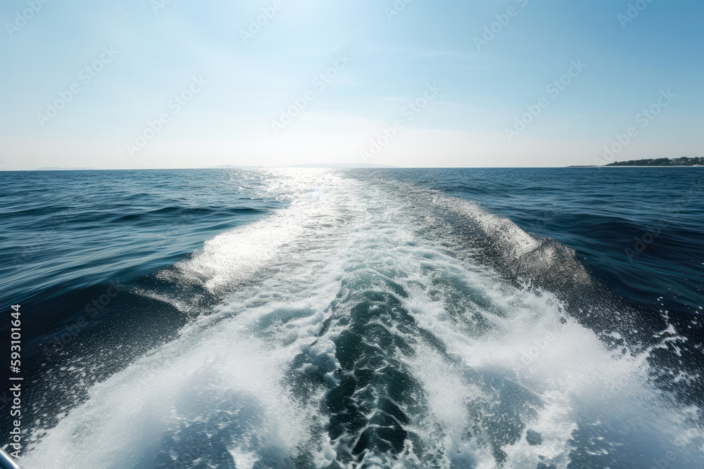 Water trail (rooster tail) of a yacht at full throttle. View of the sea  surface from the stern of a boat. Generative AI Stock Illustration