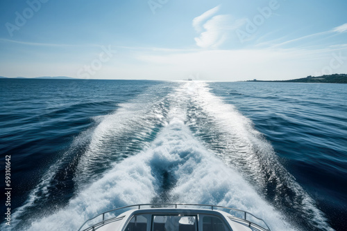 Water trail (rooster tail) of a yacht at full throttle. View of the sea surface from the stern of a boat. Generative AI