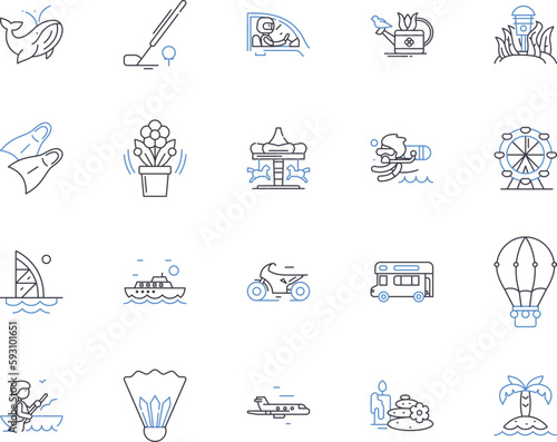 Summer voyage outline icons collection. Voyage, Summer, Tour, Trip, Cruise, Journey, Jaunt vector and illustration concept set. Outing, Safari, Expedition linear signs