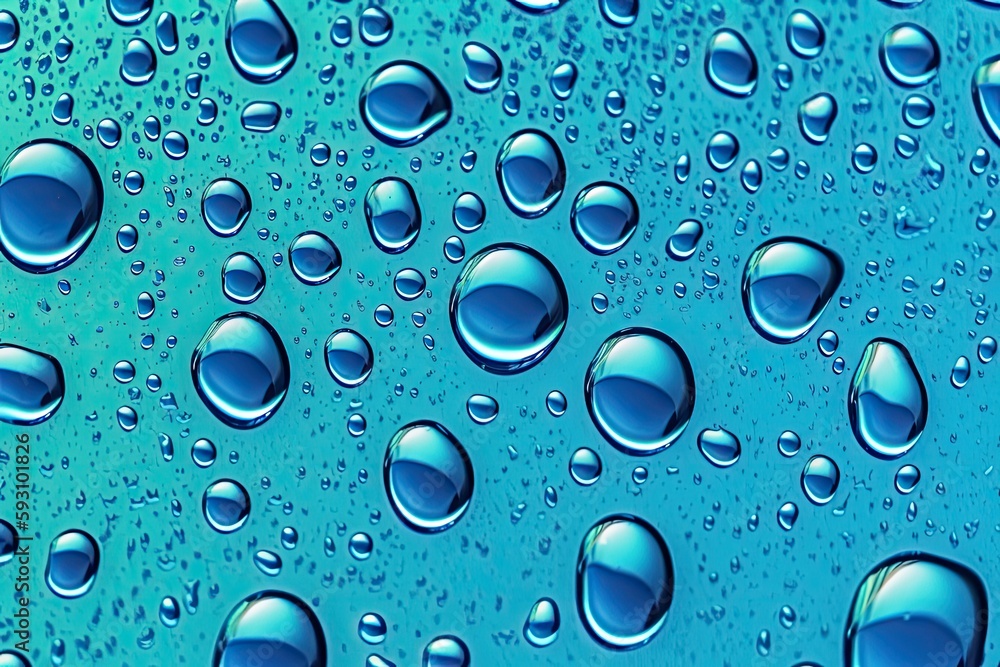 close-up water droplets on a vibrant blue surface. Generative AI close-up water droplets on a vibrant blue surface. Generative AI