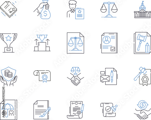 Legal business outline icons collection. Law, Business, Legal, Corporate, Contract, Litigation, Agreement vector and illustration concept set. Compliance, Regulations, Statutes linear signs