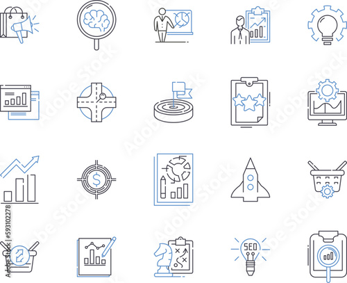 Strategy and enterprice outline icons collection. Strategy, Enterprise, Planning, Analyzing, Outcomes, Business, Objectives vector and illustration concept set. Growth, Processes, Solutions linear