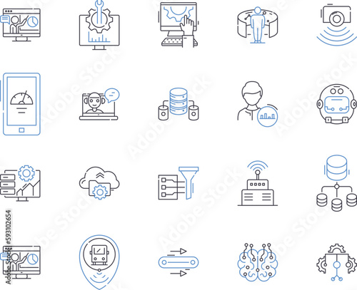 Robotic process automation outline icons collection. Robotics, Process, Automation, RPA, Machine, Learning, AI vector and illustration concept set. Automate, Computer, Software linear signs