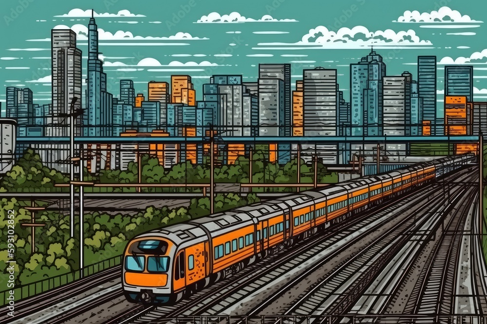 Naklejka premium steam locomotive crossing a busy city street. Generative AI