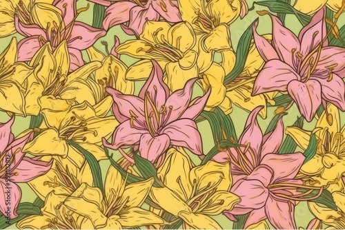pink and yellow flowers on a green background. Generative AI