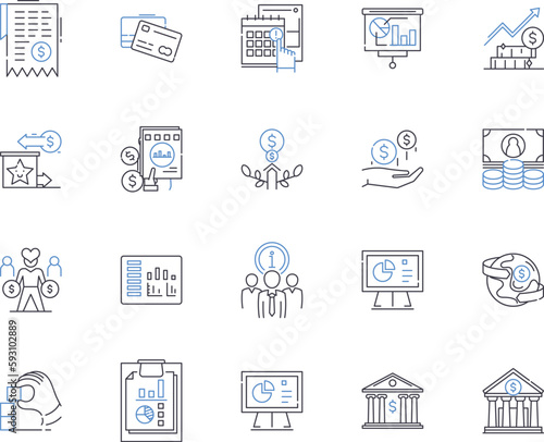Finance business outline icons collection. Accounting, Taxation, Investment, Banking, Budgeting, Auditing, Loans vector and illustration concept set. Funds, Insolvency, Forex linear signs