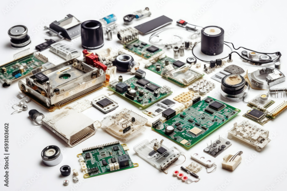 Various electronic components arranged on a table, top down view, high key white background. High quality generative ai Various electronic components arranged on a table, top down view, high key white background. High quality generative ai