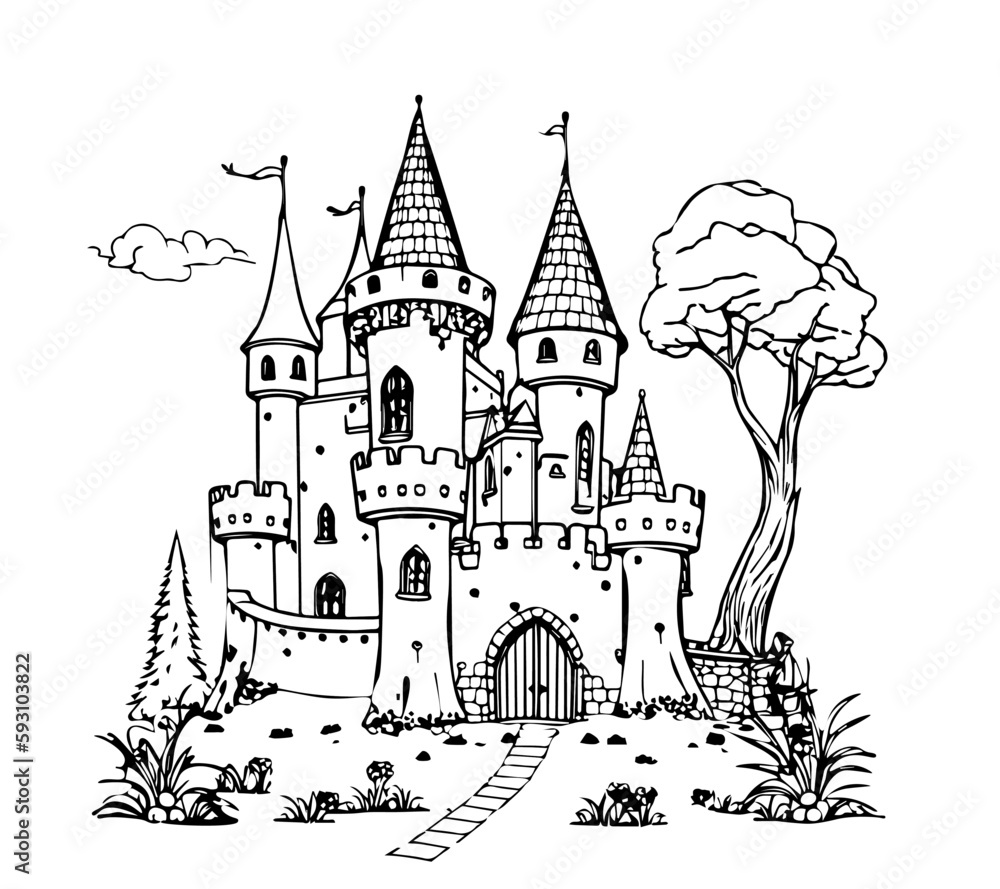 Cartoon ancient castle in black and white style for coloring. Vector illustration