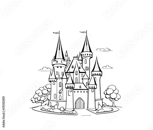 Cartoon ancient castle in black and white style for coloring. Vector illustration