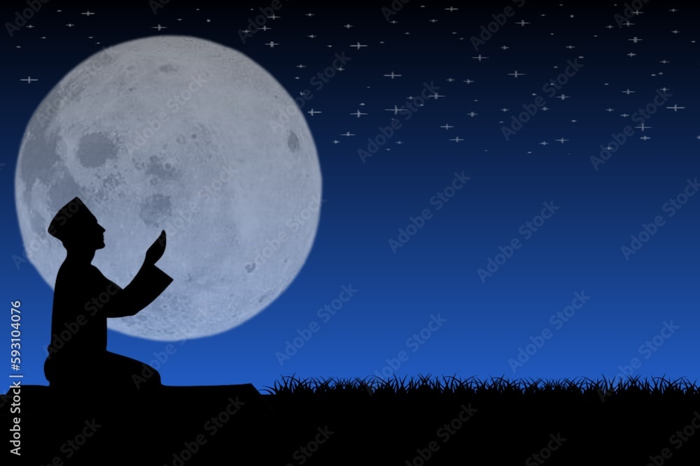 people praying under full moon, blue background. people praying under full moon, blue background.