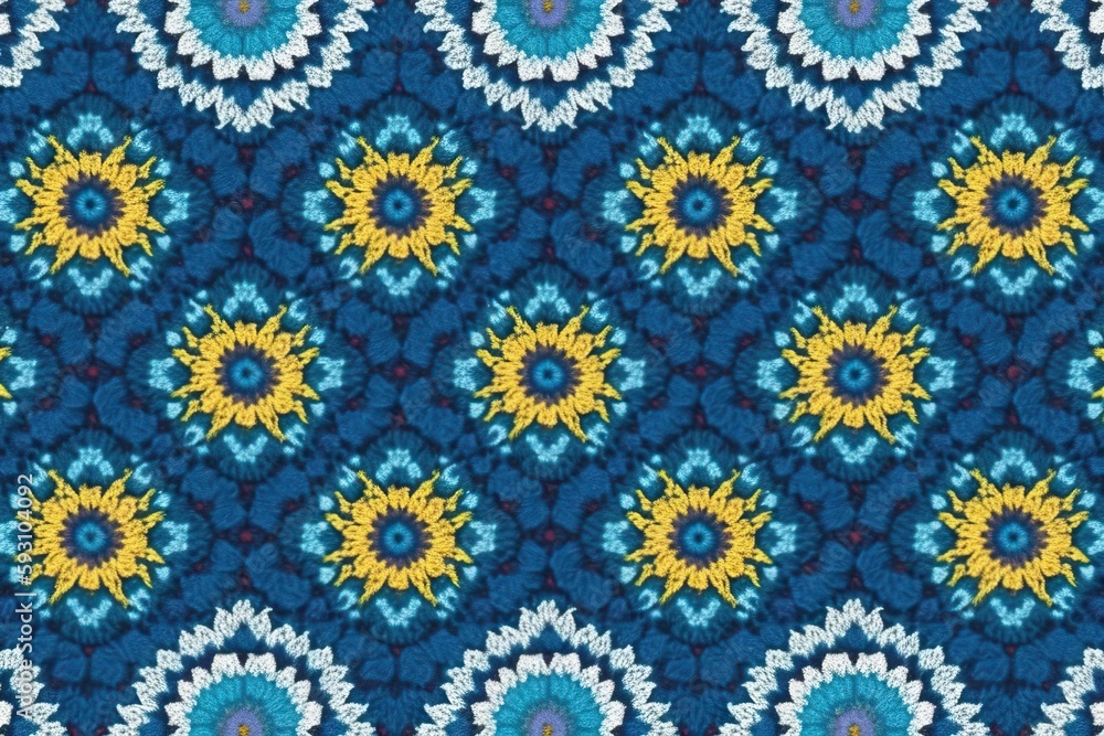 close-up view of a vibrant blue and yellow pattern. Generative AI