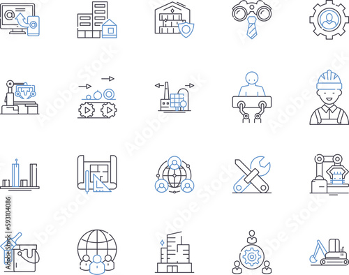 Production business outline icons collection. Manufacturing, Processing, Manufacture, Production, Fabrication, Assembling, Building vector and illustration concept set. Forming, Crafting, Constructing