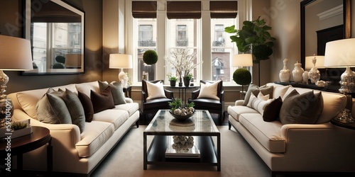 Chic light living room design with dark floors. Furnished with glass top accent tables and beige sofas topped with brown pillows. Generative AI © Lasvu