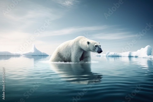 Polar bear floating on a small piece of ice  with icebergs in background. Global warming concept. High quality generative ai