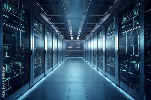 Interior of a Cloud Storage Facility in Server Room, Modern Cloud storage Space in Racks of servers in data center, Modern Server room or Data Center, generative ai