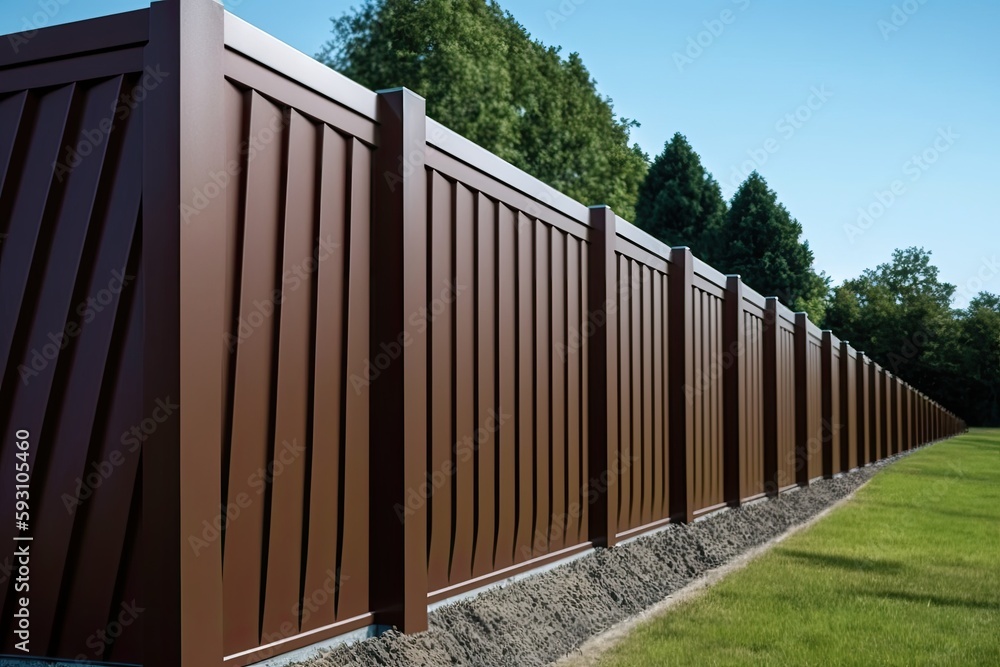 Block posts support a fence made of brown metal. incline building. Corrugated exterior. Security. fencing on private property. obscure hedge exterior of a house outside. an angle. Generative AI Block posts support a fence made of brown metal. incline building. Corrugated exterior. Security. fencing on private property. obscure hedge exterior of a house outside. an angle. Generative AI
