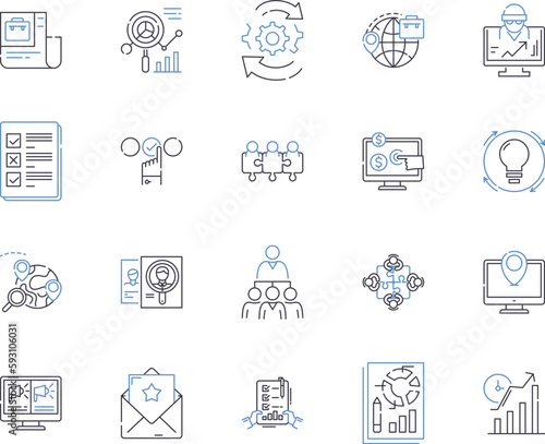 Business development outline icons collection. Sales  Leads  Strategy  Marketing  Profit  Growth  Networking vector and illustration concept set. Consulting Product Clients linear signs