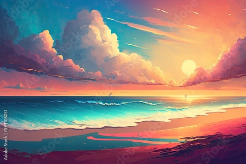 Horizontal background banner with clouds, the horizon, and the colors of the setting sun. inspiring natural scenery, lovely colors, and stunning views of a tropical beach. Sunset on the Generative AI