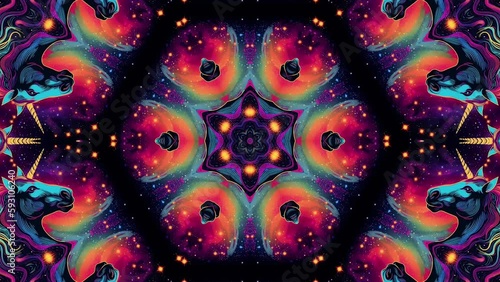 Unicorn abstract kaleidescope neon magic short animated clips for vj dj background music visualizer, weird alpha layer, trippy montage illustrated retro mirrored swirling animation