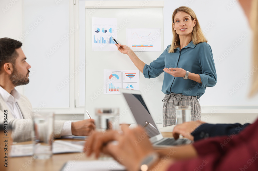 Fototapeta premium Businesswoman showing charts near flipchart on meeting in office