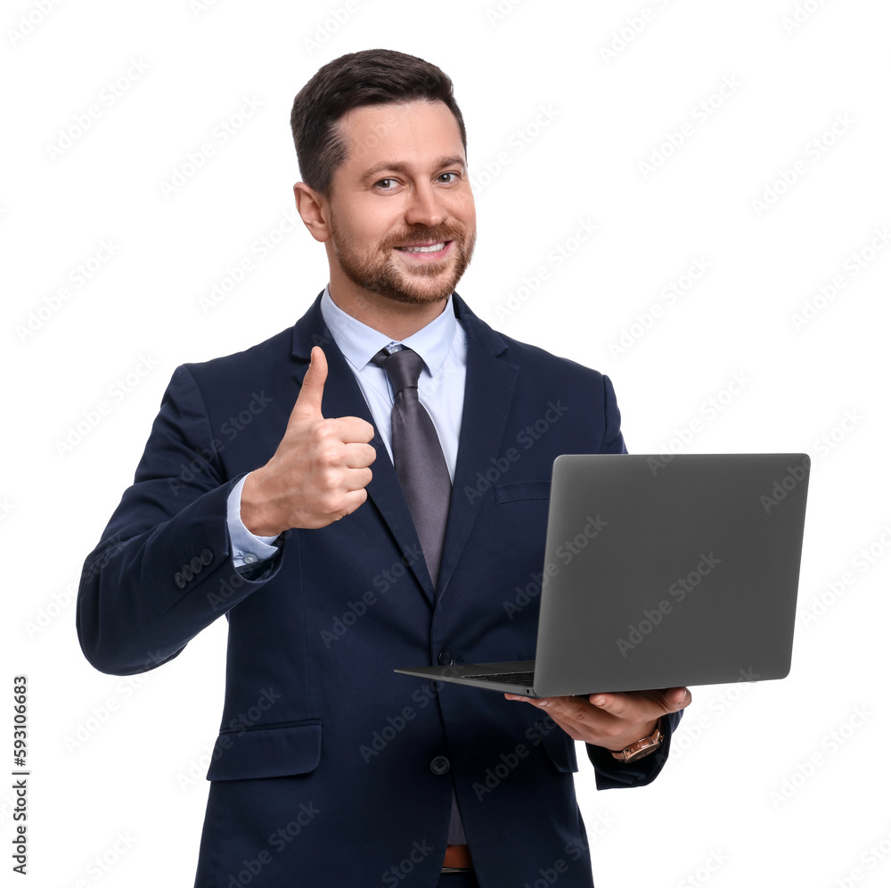 Handsome bearded businessman in suit with laptop showing thumb up on white background Handsome bearded businessman in suit with laptop showing thumb up on white background