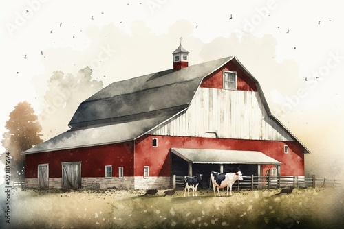 Traditional Vintage Red Farm barn with white and black cow on the front. Original simple watercolor rural illustration. Generative AI
