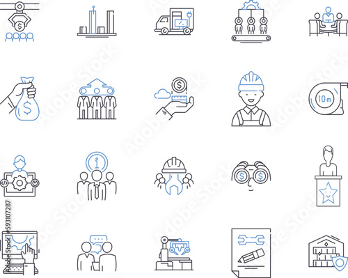 Production workflow outline icons collection. Manufacture, Process, Logistics, Assembly, Management, Planning, Optimization vector and illustration concept set. QC, Control, Automation linear signs