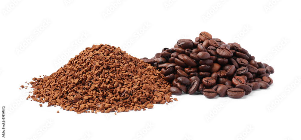 Heap of instant coffee and beans on white background Heap of instant coffee and beans on white background