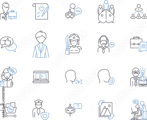 Human resources management outline icons collection. Human, Resources, Management, Recruitment, Hiring, Training, Development vector and illustration concept set. Performance, Analysis, Employee