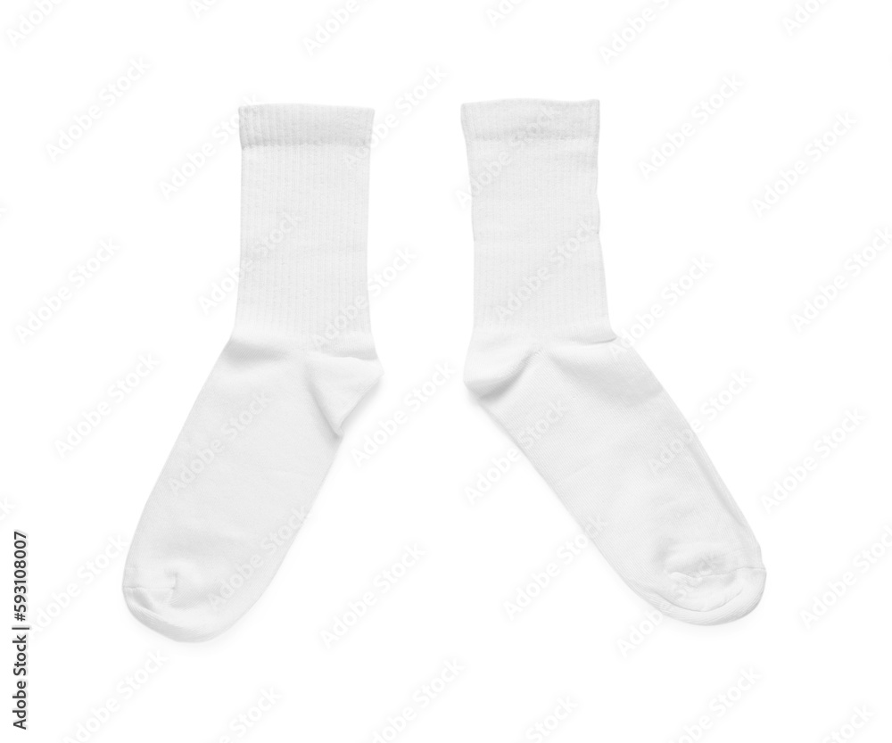 Pair of stylish clean socks isolated on white, top view Pair of stylish clean socks isolated on white, top view