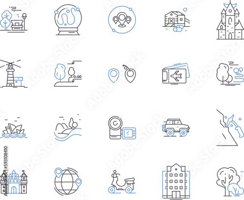 Tour operator outline icons collection. Tour, Operator, Travel, Agency, Vacation, Trip, Guide vector and illustration concept set. Adventure, Packages, Booking linear signs
