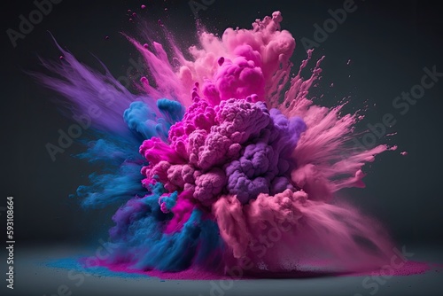 pink, violet, and blue powder explode. Exploding color powder in slow motion. Illustration. Generative AI