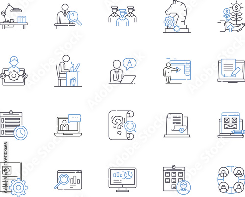 Meeting and conference outline icons collection. Conference, Meeting, Gatherings, Symposium, Forum, Seminar, Assembly vector and illustration concept set. Conclave, Dialogues, Rendezvous linear signs