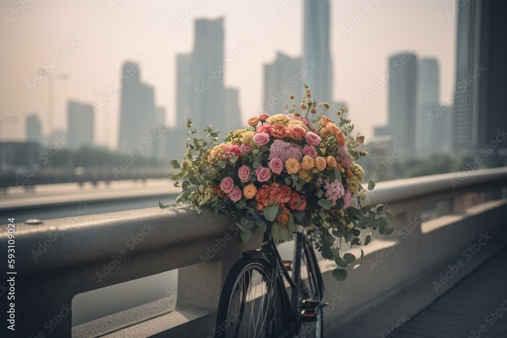 a bicycle with a bouquet of flowers on the front of it on a bridge over looking a cityscape with skyscrapers in the background.  generative ai