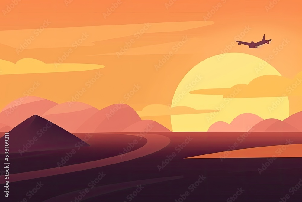 an airplane soaring through a majestic desert sunset. Generative AI