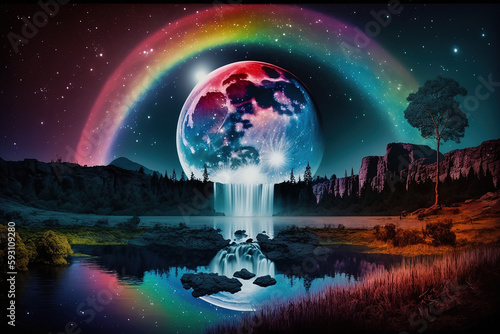 Surreal fantasy night scene with the moon rising over a lake and a beautiful rainbow. Generative AI.