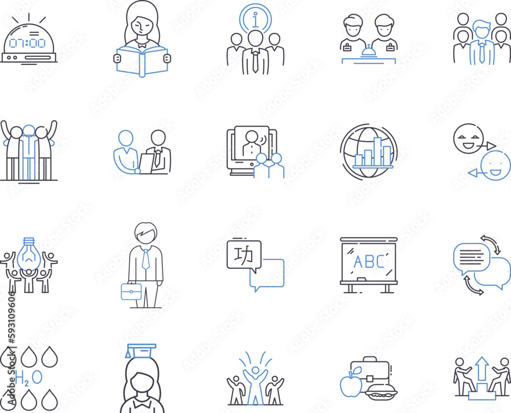 Traching and learning outline icons collection. Teaching, Learning, Education, Instruction, Curriculum, Assessment, Methodology vector and illustration concept set. Academic, Knowledge, skill linear