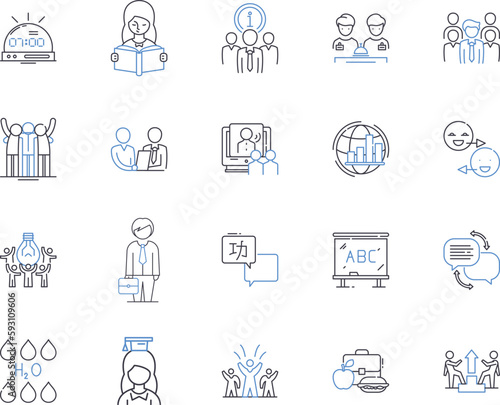Traching and learning outline icons collection. Teaching, Learning, Education, Instruction, Curriculum, Assessment, Methodology vector and illustration concept set. Academic, Knowledge, skill linear