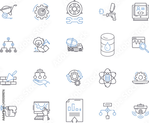 Builder and industry outline icons collection. Builder, Industry, Construction, Development, Foreman, Architect, Contractor vector and illustration concept set. Craftsman, Technician, Site linear