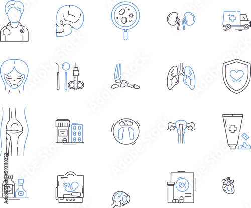 Health examination outline icons collection. Checkup, Assessment, Clinical, Diagnosis, Screening, Medical, Examination vector and illustration concept set. Tests, Laboratory, Ultrasound linear signs