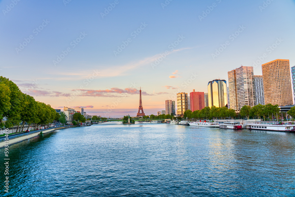Naklejka premium Skyline view of Beaugrenelle district of Paris with Eiffel Tower in the background. France