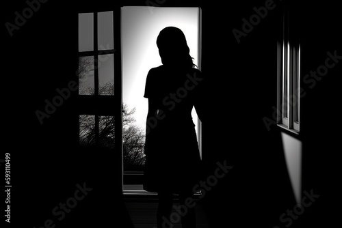 woman standing in front of a window in a dimly lit room. Generative AI