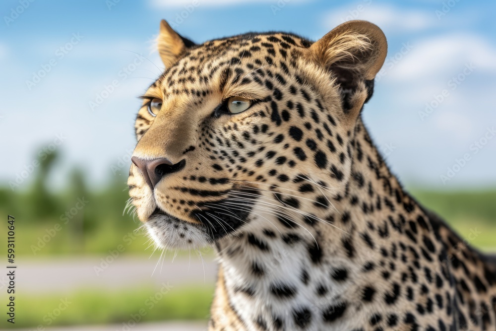 Fototapeta premium Gorgeous african leopard ambling around a field and tree-lined road. Generative AI