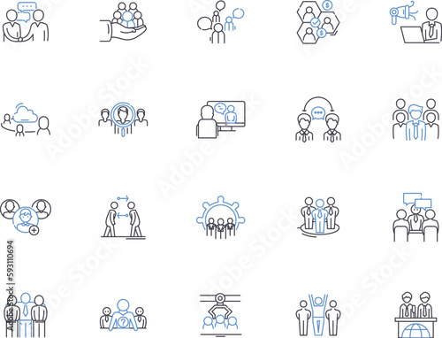 Negotiations outline icons collection. Negotiating, Discussions, Dialogue, Settlement, Arranging, Compromise, Mediation vector and illustration concept set. Bargaining, Consultations, Convincing