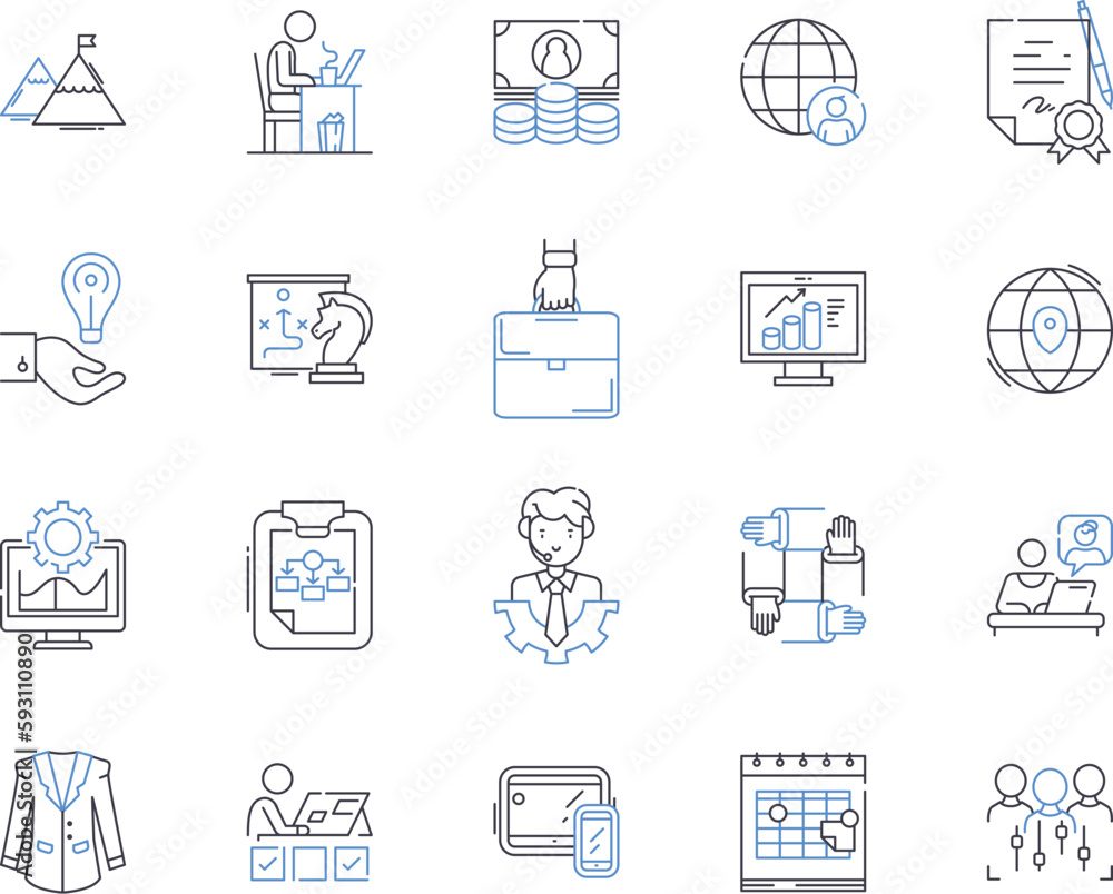 Corporation department outline icons collection. Corporate, Department, Finance, Accounting, Human Resources, Legal, Technical vector and illustration concept set. Marketing, Operations, Sales linear