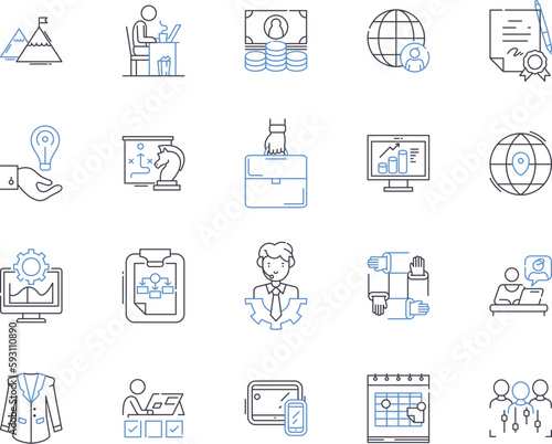 Corporation department outline icons collection. Corporate, Department, Finance, Accounting, Human Resources, Legal, Technical vector and illustration concept set. Marketing, Operations, Sales linear
