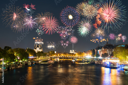 Canvas Print Seine river with fireworks show in Paris. France